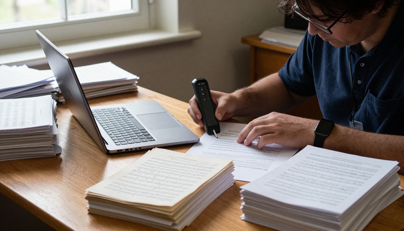 A volunteer scanning printed sheet music into PDF files at a parish office