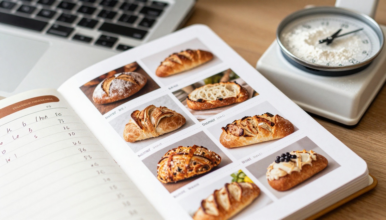 Laptop showing a page-turning bakery catalog beside a handwritten pricing notebook