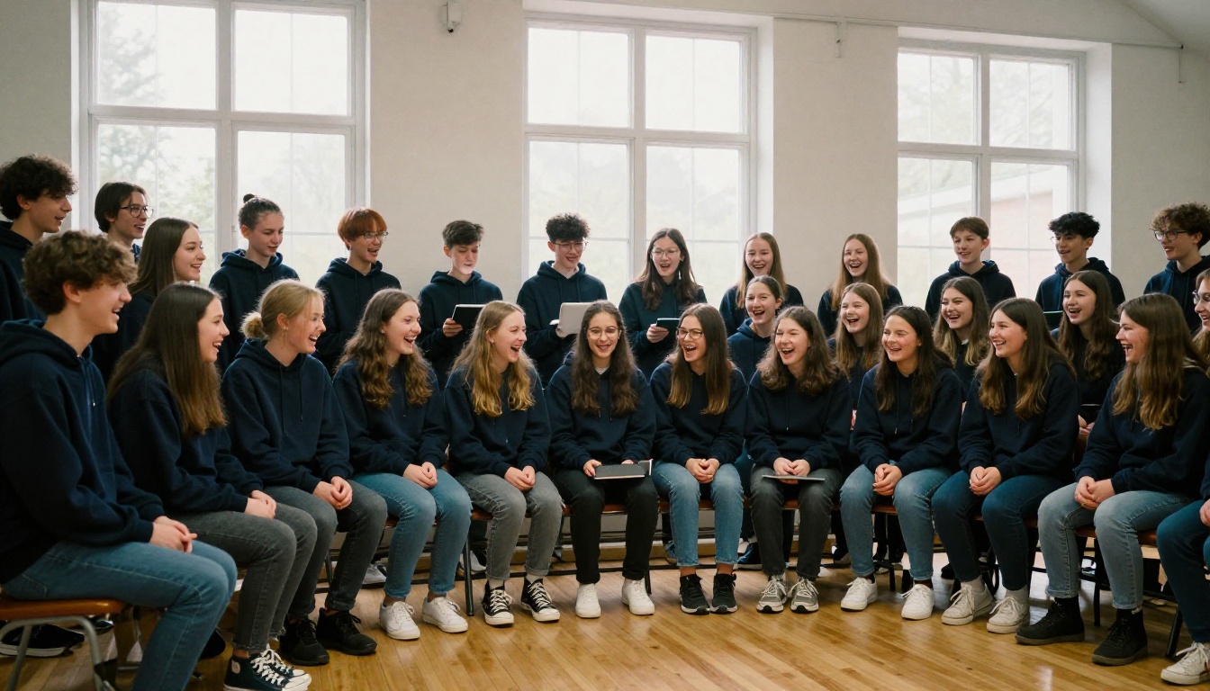 Teenage choir members gathered around a single tablet in a church hall