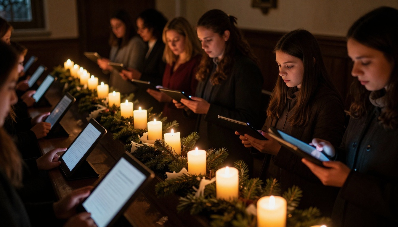 A candlelight service with choir singers holding small tablets