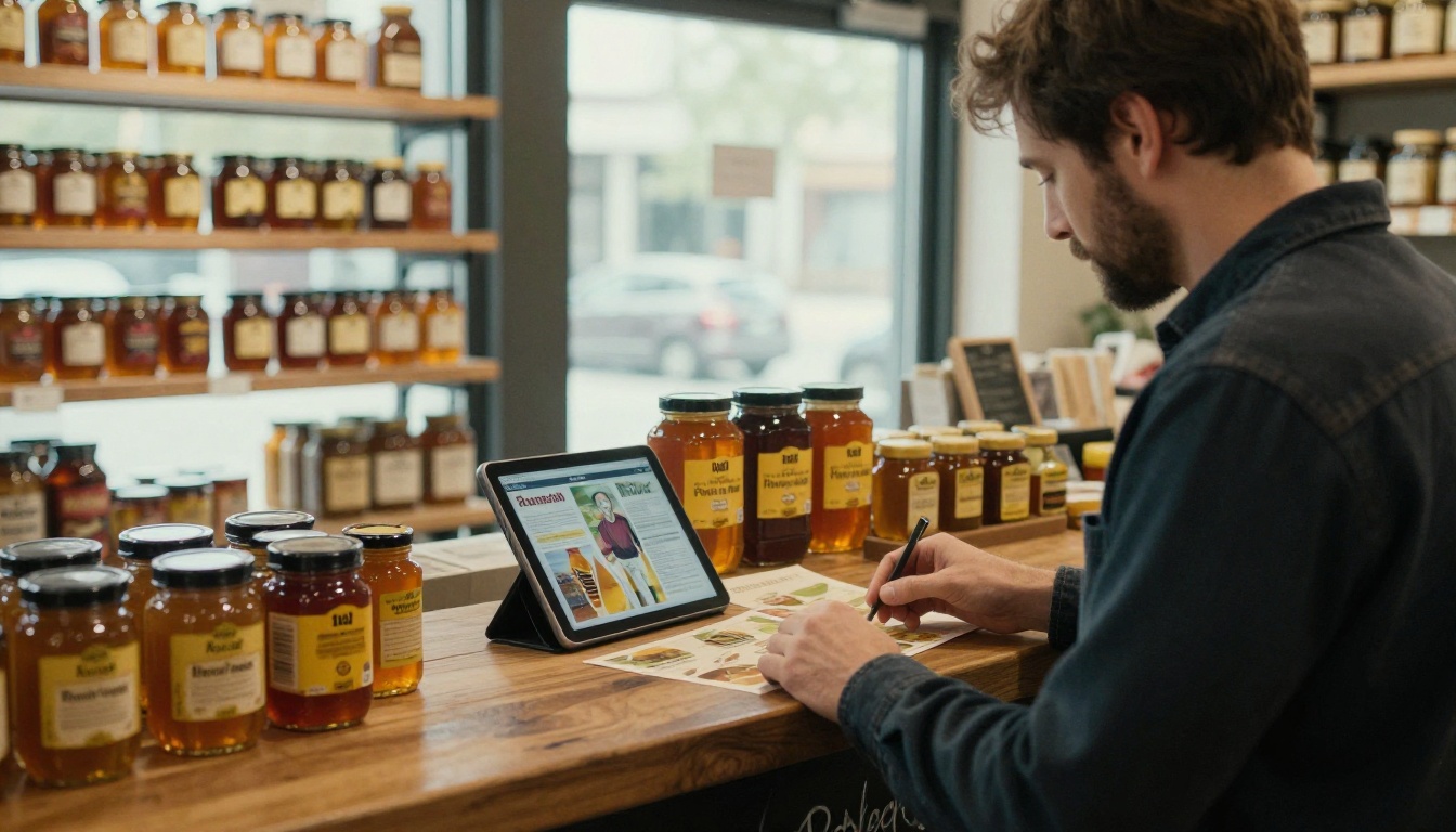 Beekeeper and wholesale buyer reviewing a honey catalog at a counter Beekeeper and wholesale buyer reviewing a honey catalog at a counter