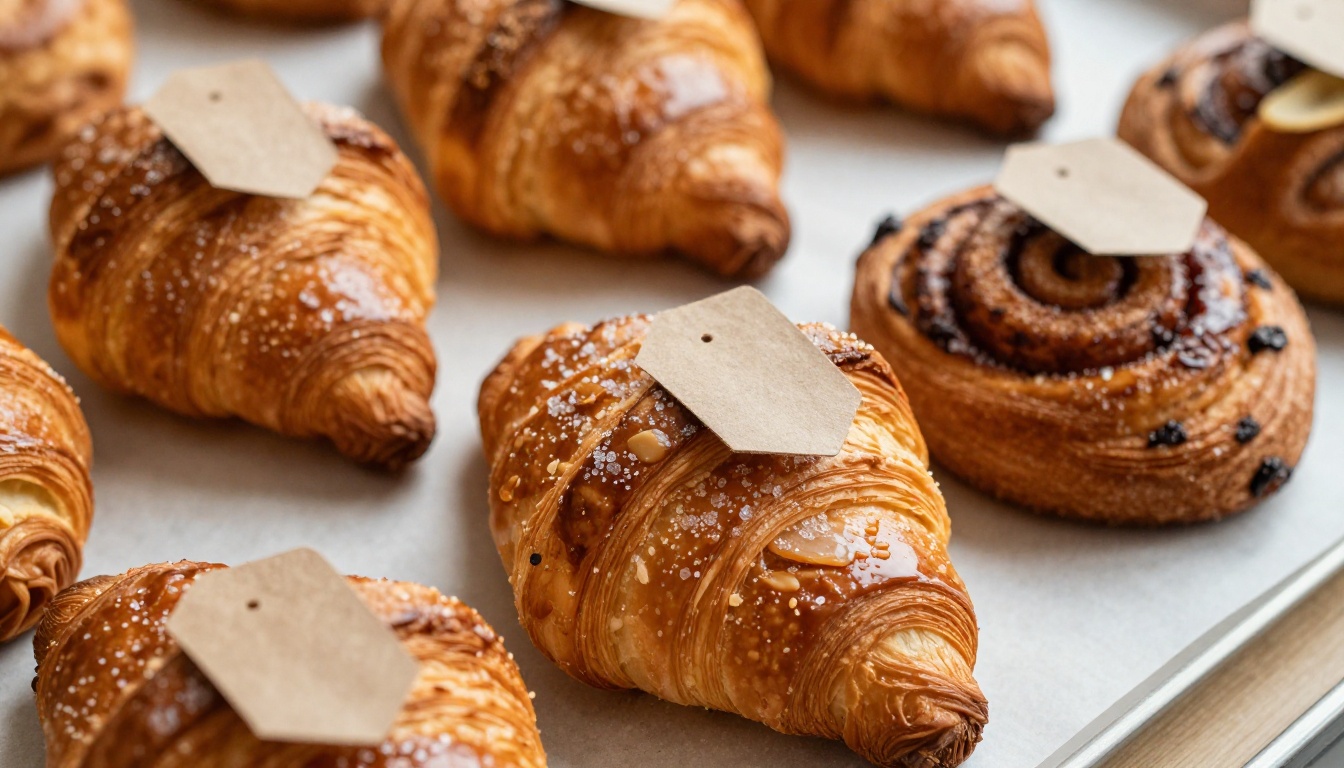 Pastries in a row on parchment with kraft tags