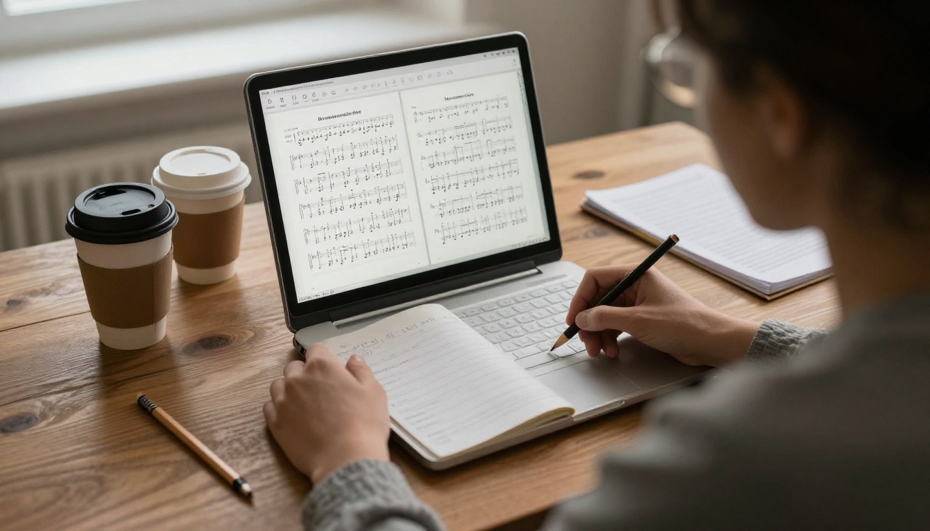 A church secretary and choir director reviewing a shared digital songbook on a laptop