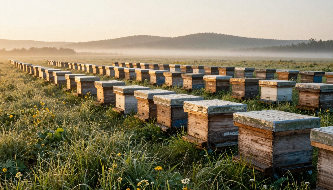 Apiary with painted wooden hives in a wildflower meadow at sunrise Apiary with painted wooden hives in a wildflower meadow at sunrise