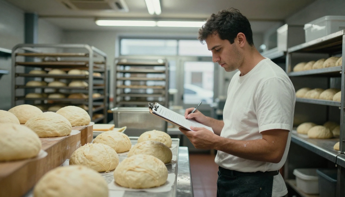 Baker reviewing a standing order sheet on a clipboard in the back kitchen