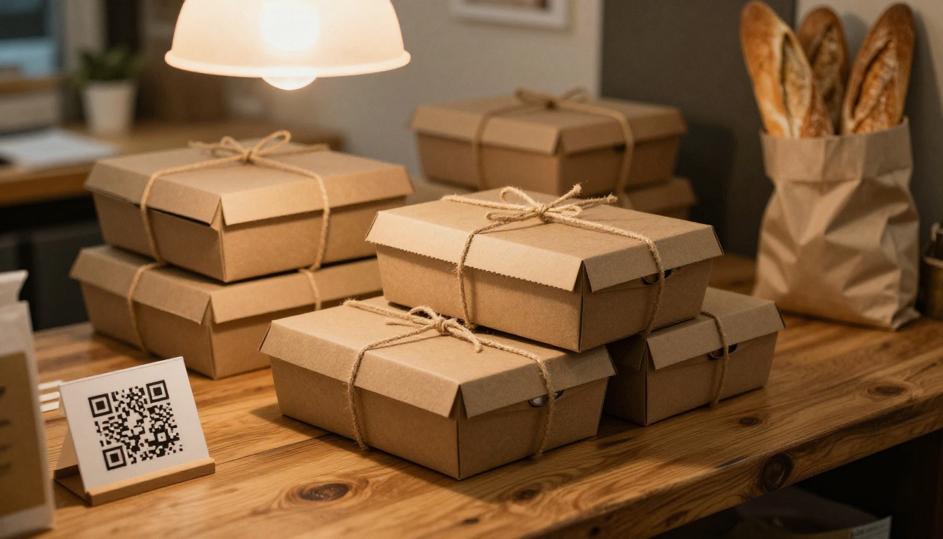 Kraft bakery boxes tied with twine beside a QR code card