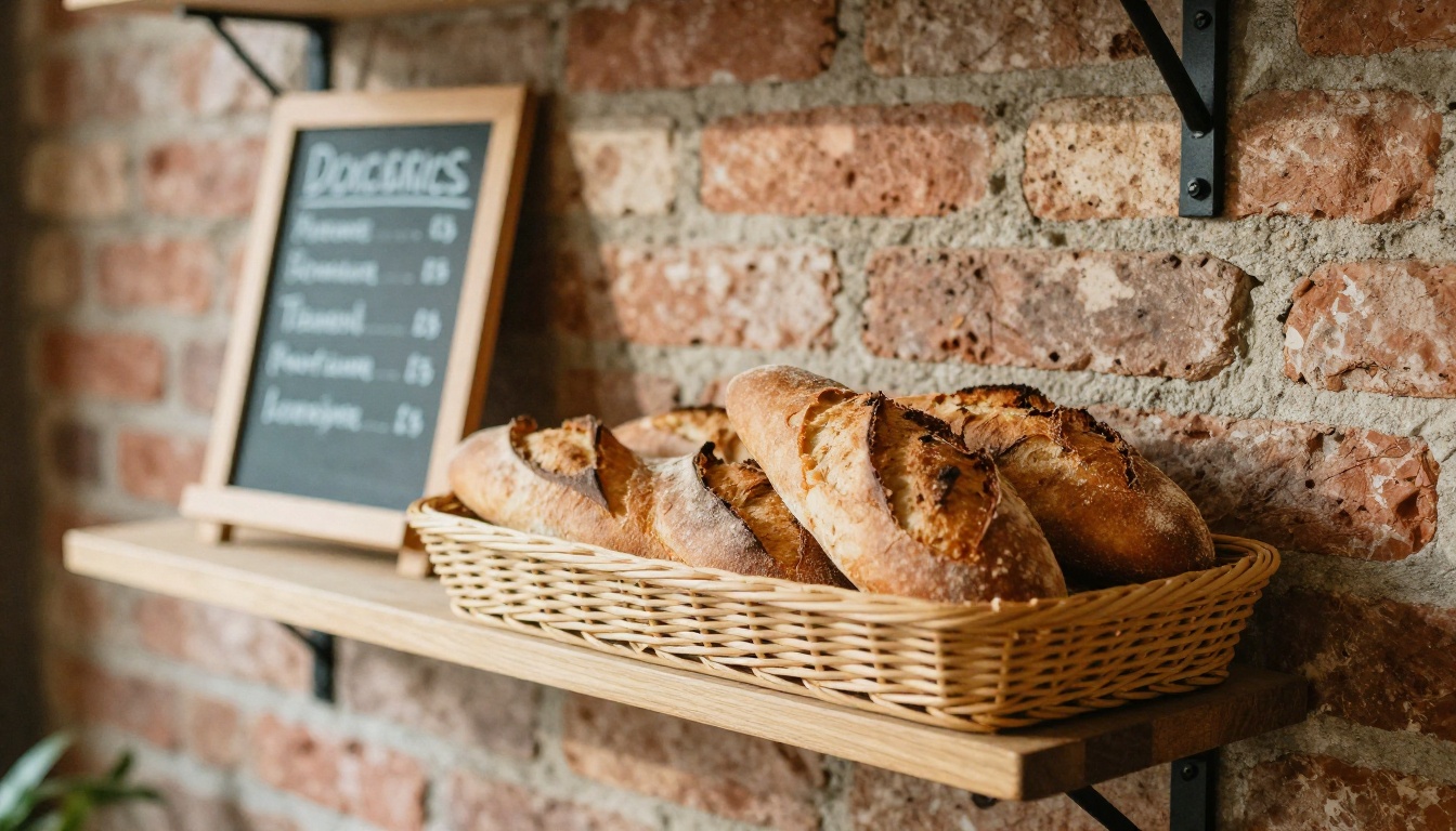Fresh baguettes and loaves on a cafe shelf in morning light