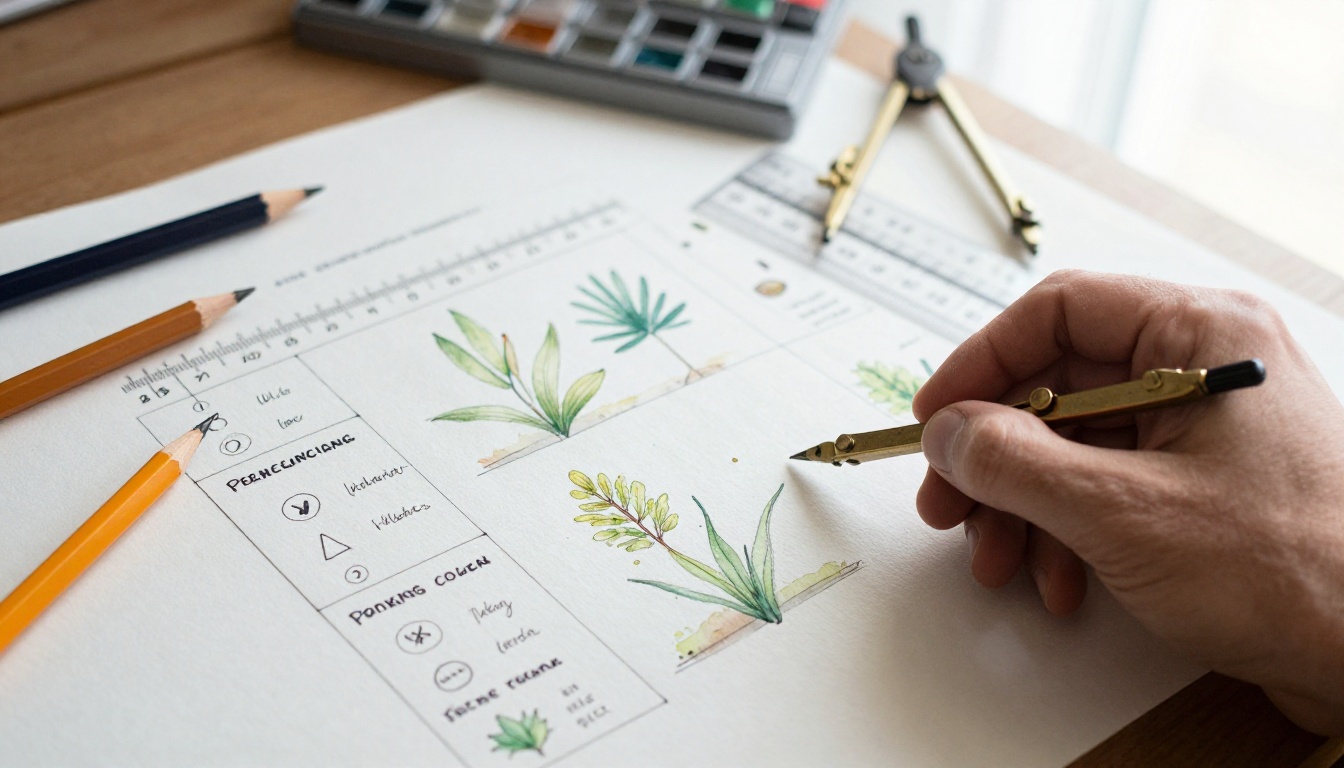 A hand-drawn watercolor planting plan with plant labels spread on a drafting table