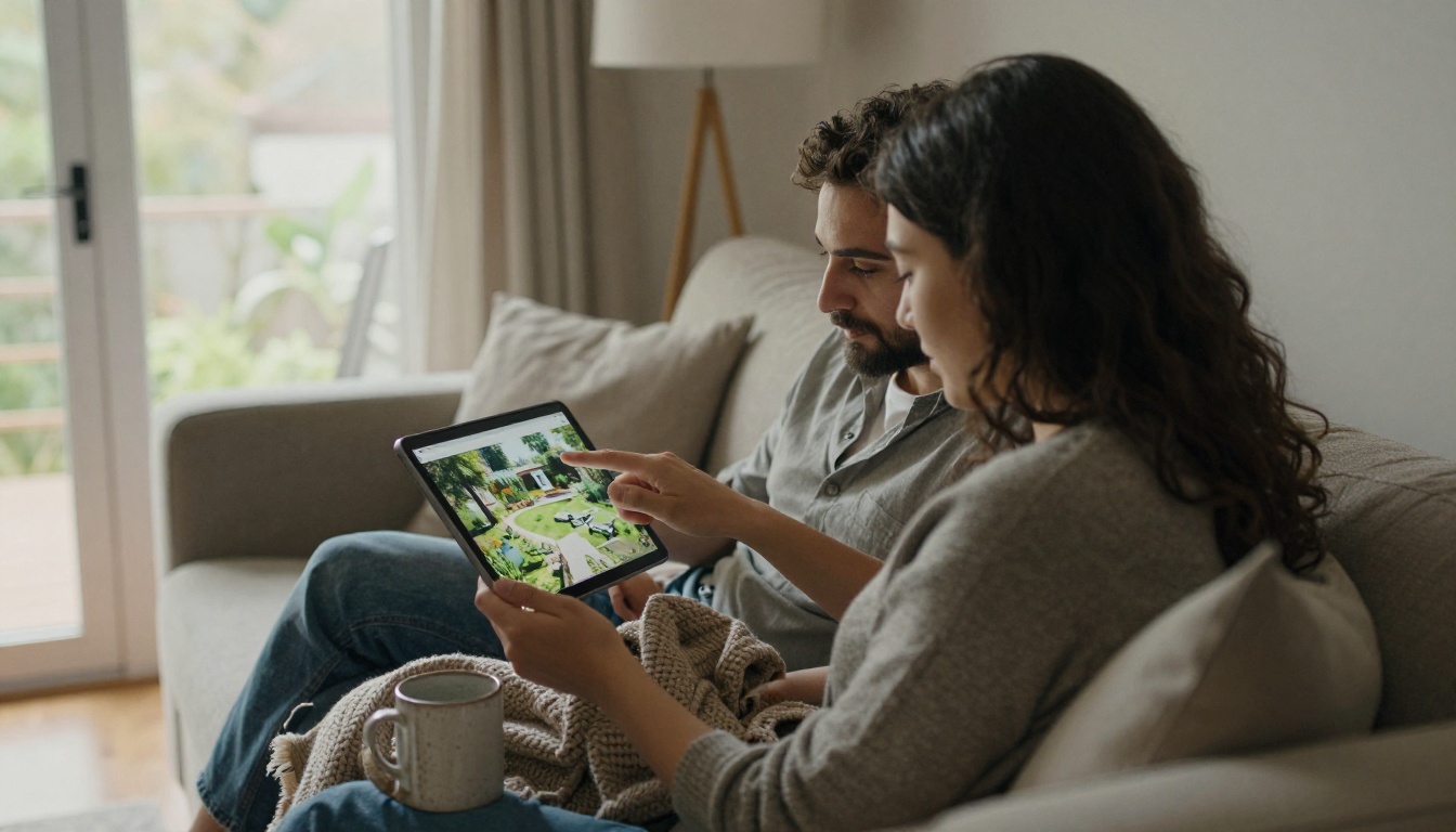 Clients on a sofa reviewing a garden design presentation on a tablet