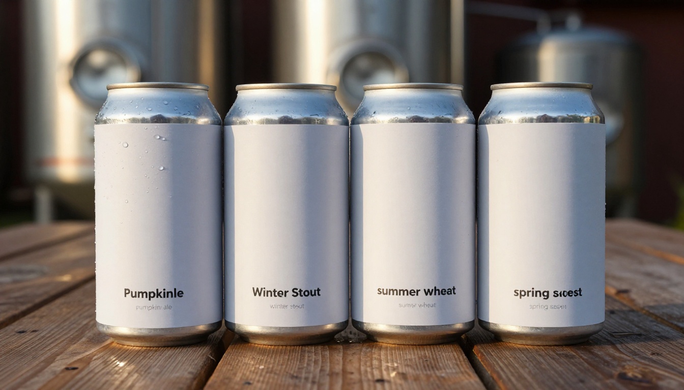 Four seasonal craft beer cans lined up on a reclaimed wood table Four seasonal craft beer cans lined up on a reclaimed wood table