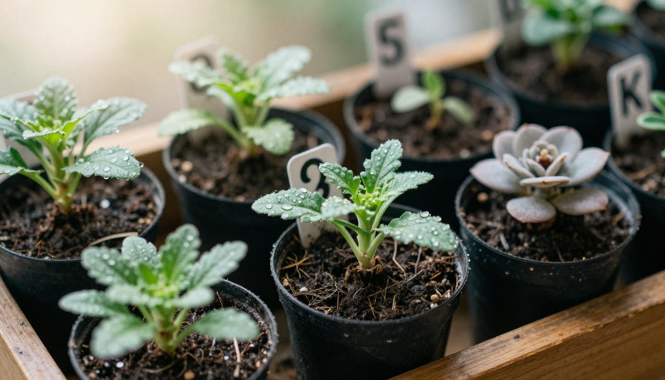 Young perennials in nursery pots with plant tags on a wooden potting bench