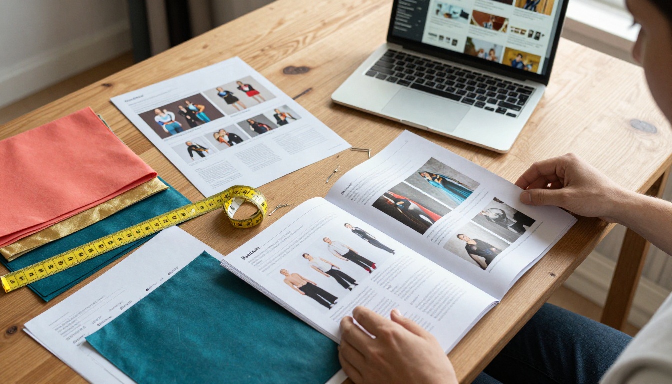 Costume catalog pages, fabric swatches and a laptop spread across a studio table Costume catalog pages, fabric swatches and a laptop spread across a studio table