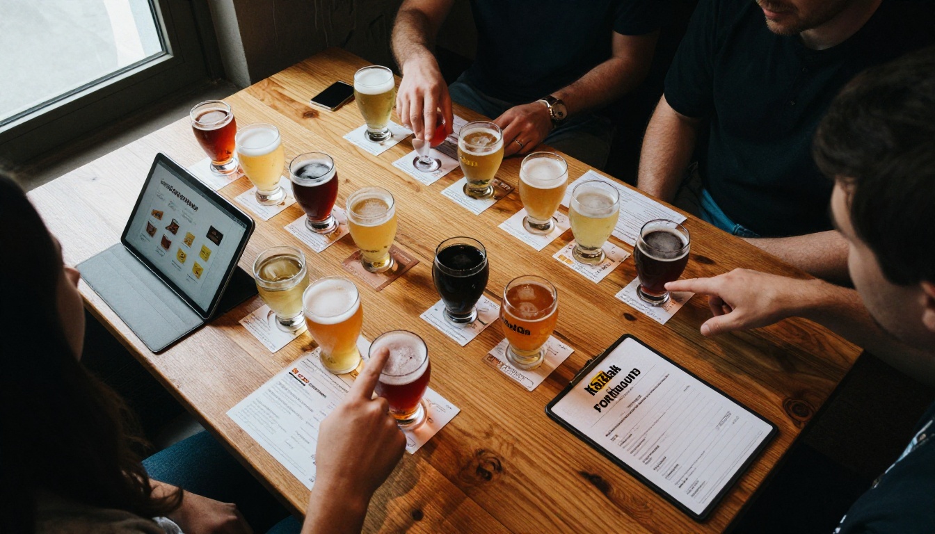 Overhead view of a beer sample flight with tasting cards and a tablet Overhead view of a beer sample flight with tasting cards and a tablet