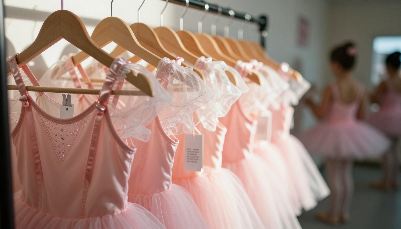 A rack of pink tulle recital costumes with paper size tags A rack of pink tulle recital costumes with paper size tags