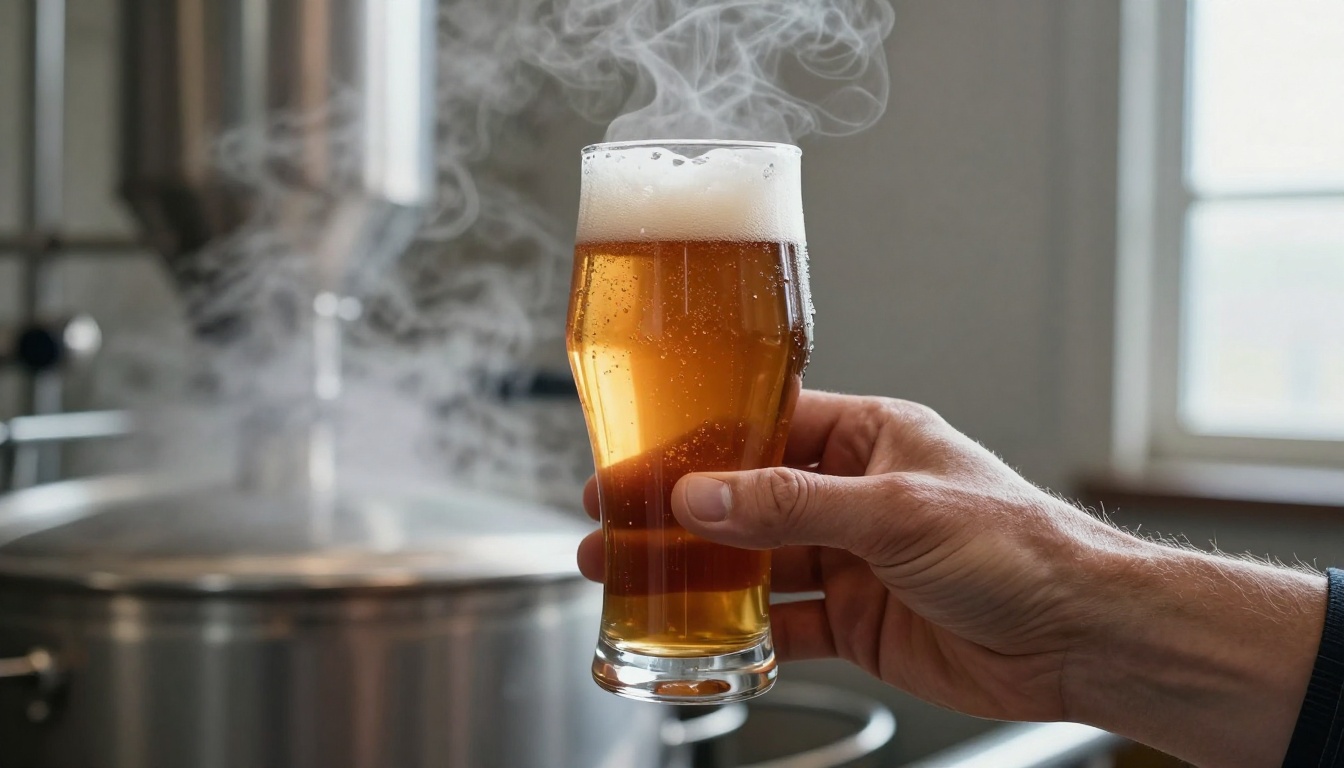 A brewer holding a tulip glass of copper amber ale up to window light A brewer holding a tulip glass of copper amber ale up to window light