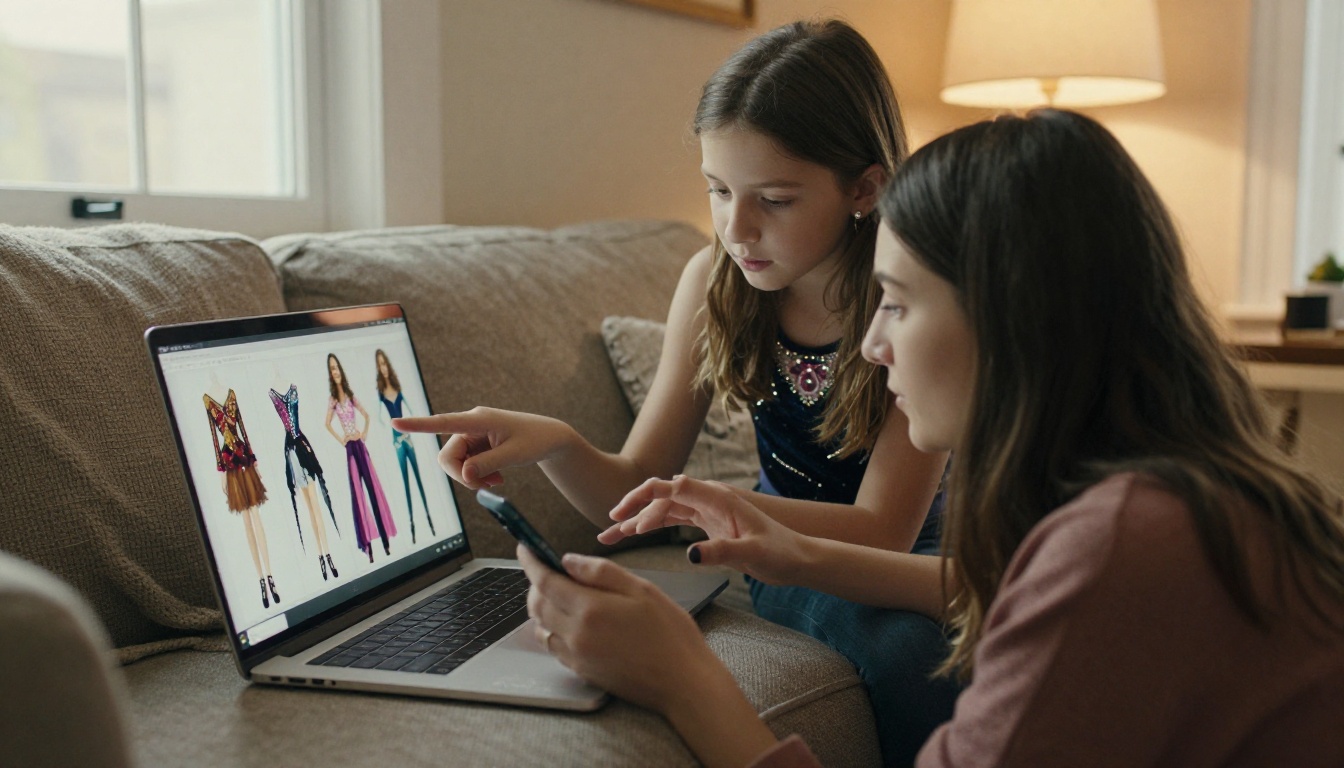 A mother and daughter browsing a costume catalog together on a phone at home A mother and daughter browsing a costume catalog together on a phone at home