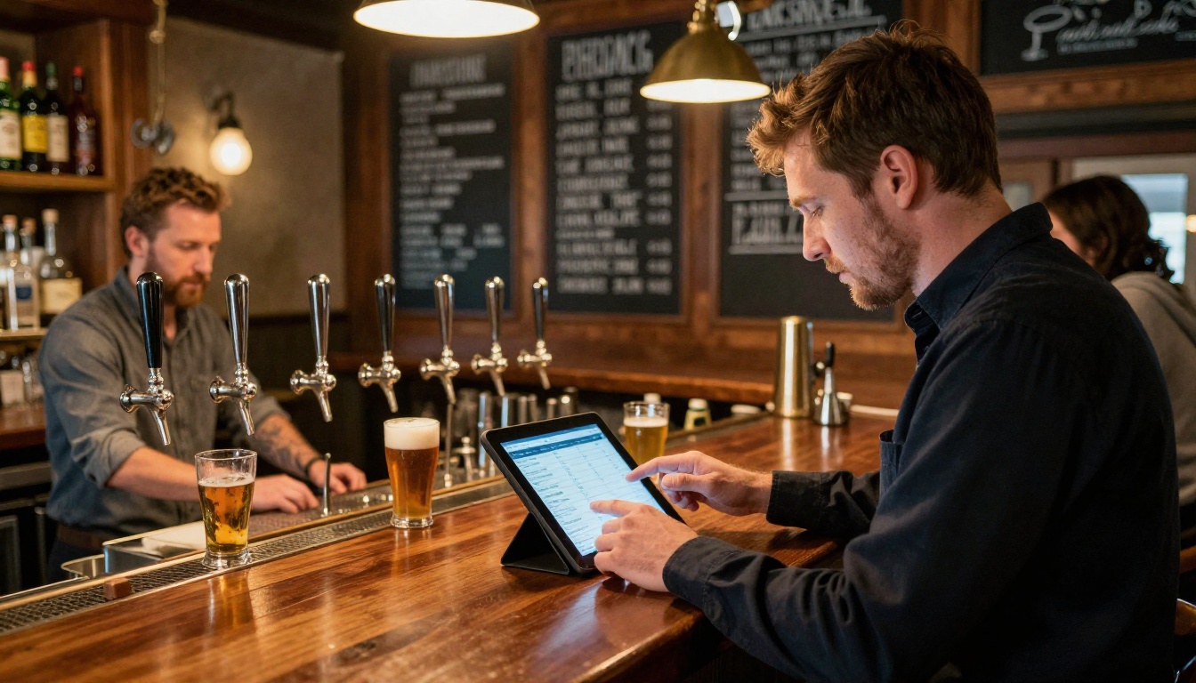 A bar manager reviewing a digital beer catalog on a tablet while a brewery rep sits across the counter A bar manager reviewing a digital beer catalog on a tablet while a brewery rep sits across the counter