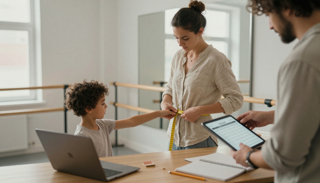 A studio owner measuring a young dancer's waist while a parent checks a size chart A studio owner measuring a young dancer's waist while a parent checks a size chart
