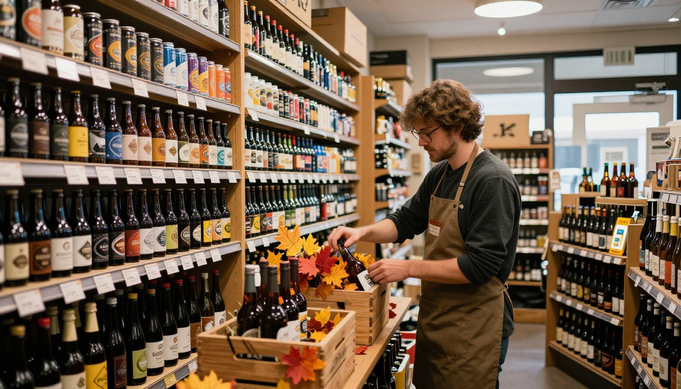 A bottle shop owner stocking a seasonal craft beer display with autumn decor A bottle shop owner stocking a seasonal craft beer display with autumn decor