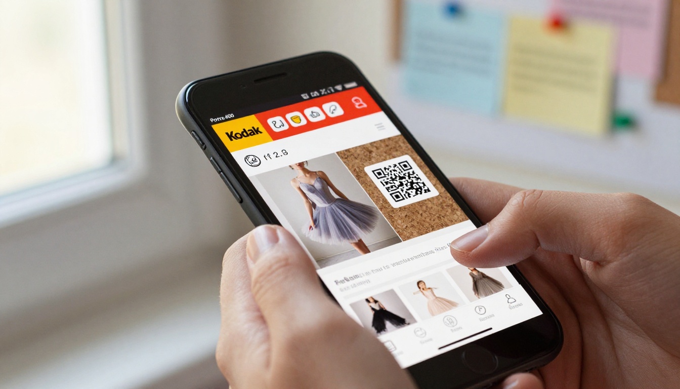 A phone showing a flipbook catalog page with a QR code poster on a studio board A phone showing a flipbook catalog page with a QR code poster on a studio board