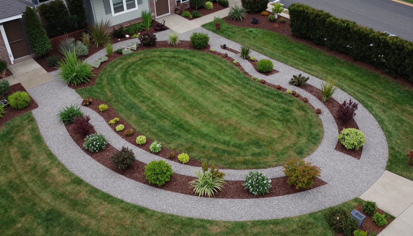 Aerial view of a newly planted residential garden with curved borders