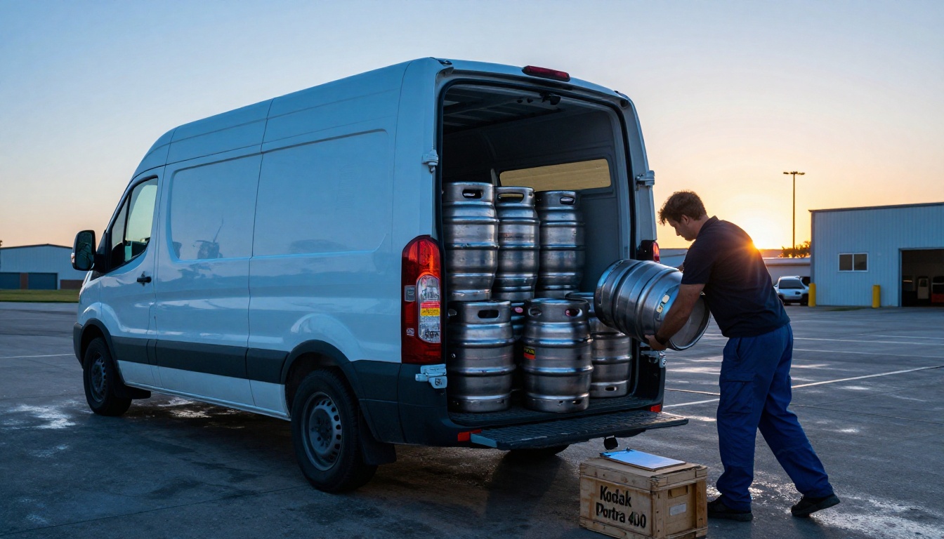Brewery staff loading kegs and cases into a delivery van at a loading dock Brewery staff loading kegs and cases into a delivery van at a loading dock