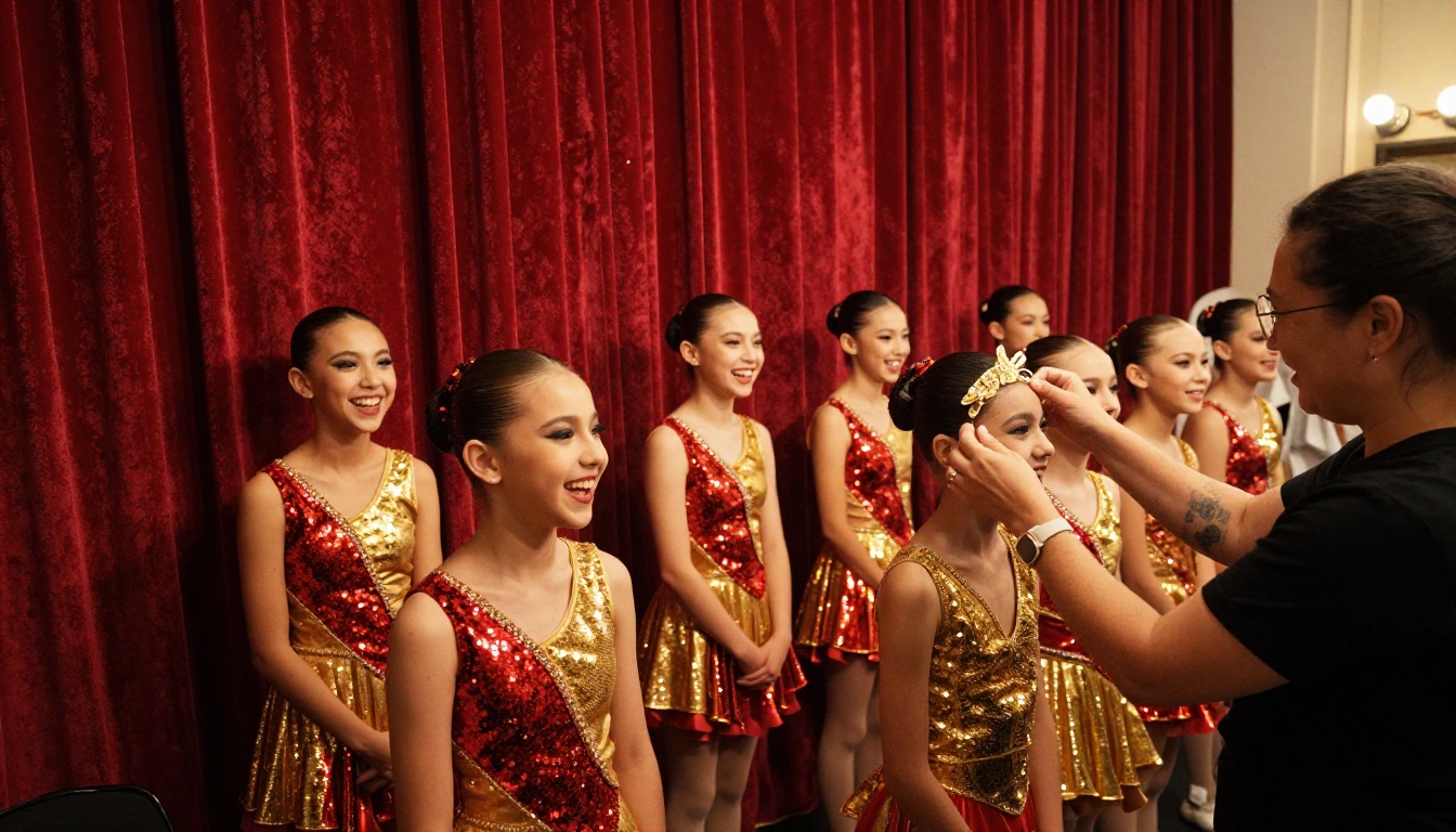 Young dancers in red and gold recital costumes laughing backstage Young dancers in red and gold recital costumes laughing backstage