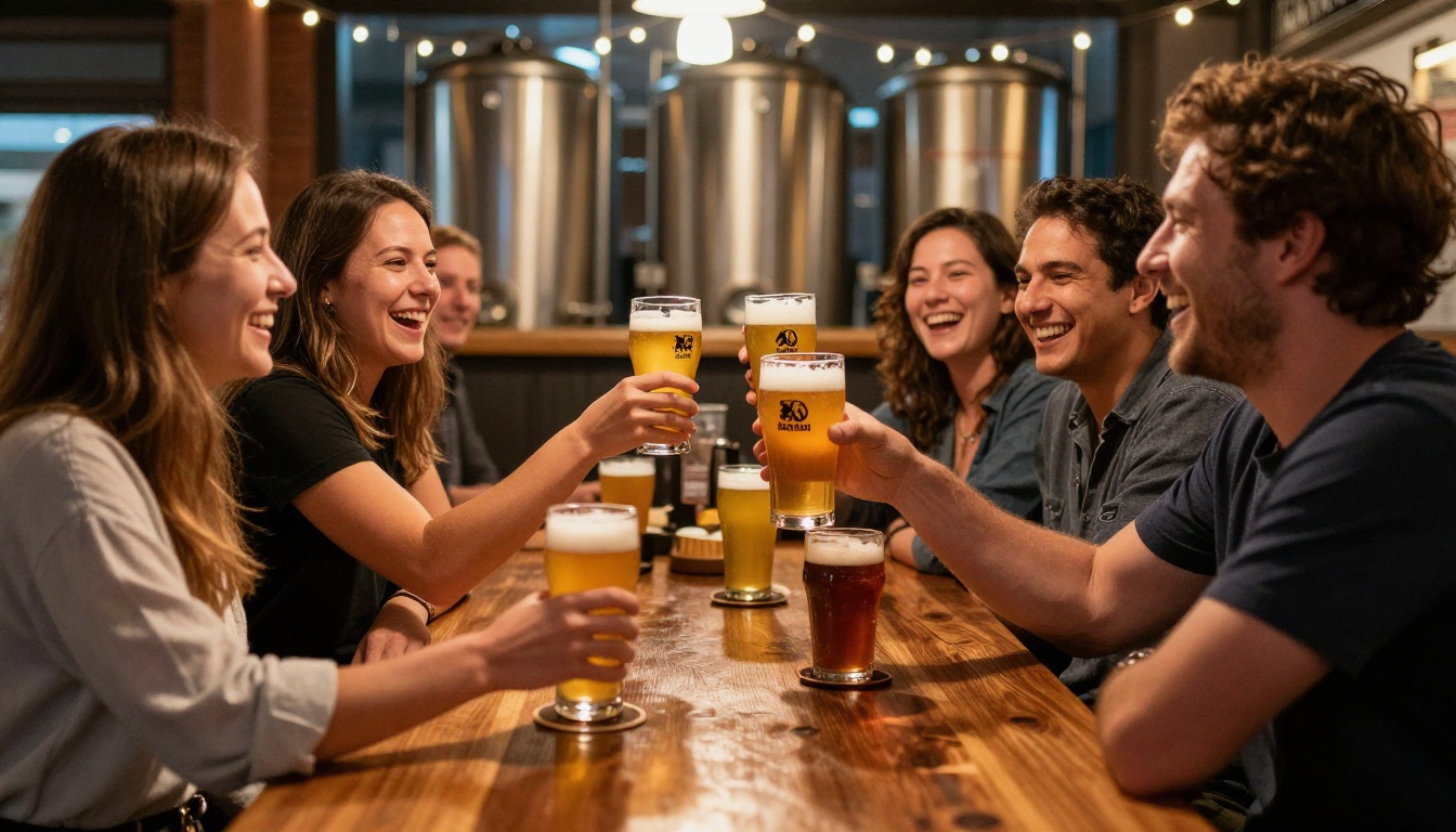 Four friends laughing around a high table at a brewery seasonal launch party Four friends laughing around a high table at a brewery seasonal launch party