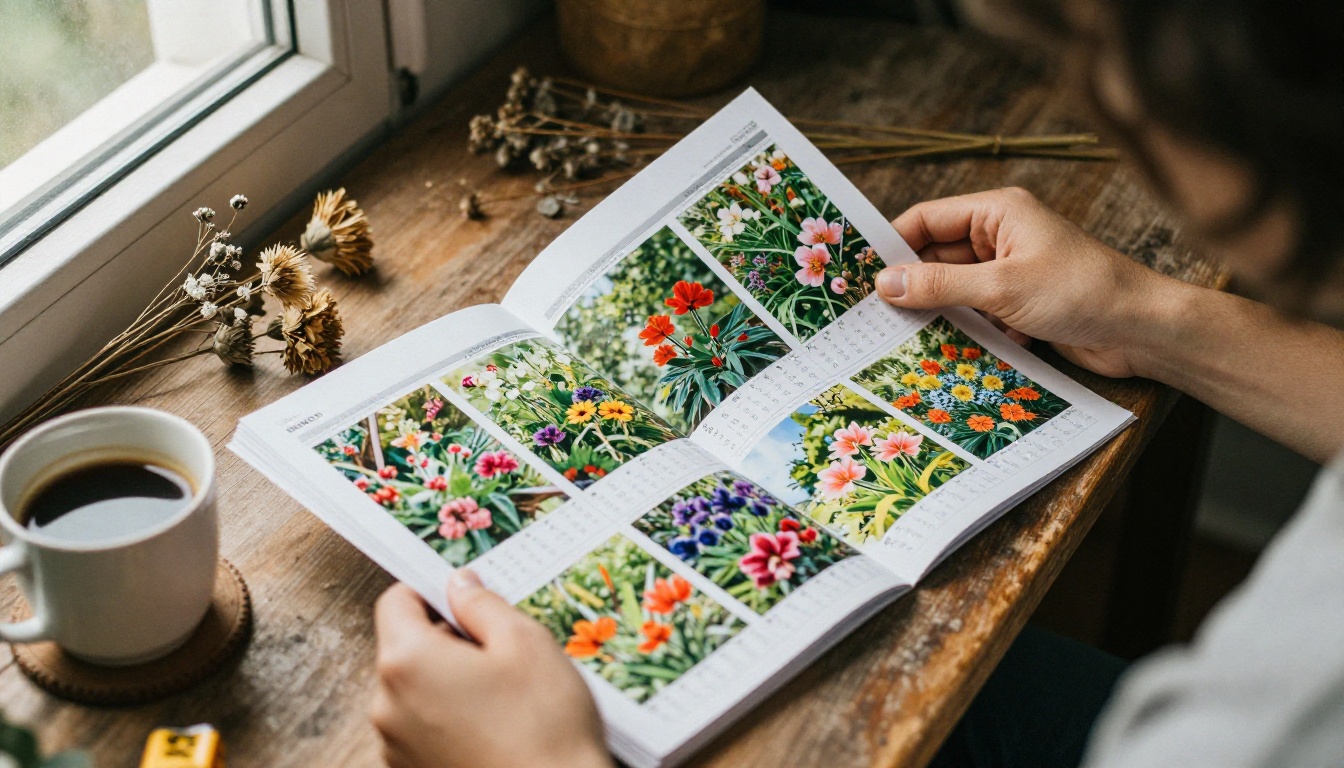 A designer flipping through a printed seasonal planting calendar booklet