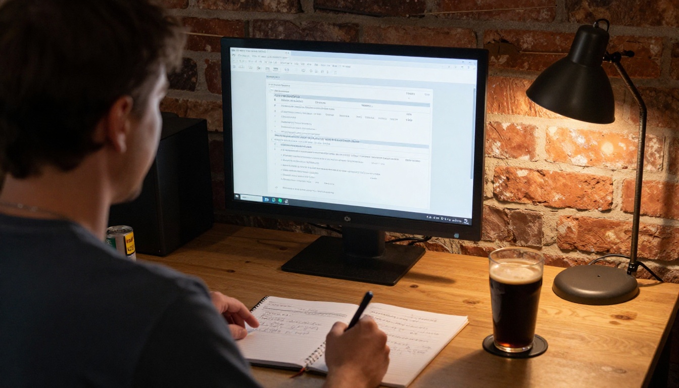 A brewery owner reviewing sales numbers and order forms at a desk A brewery owner reviewing sales numbers and order forms at a desk