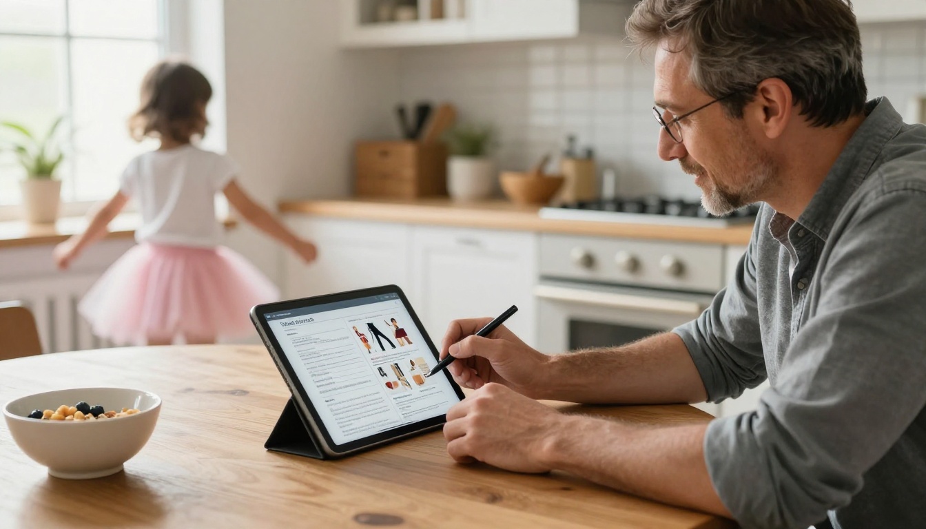 A kitchen table scene with a father reviewing the costume catalog on a tablet beside an order form A kitchen table scene with a father reviewing the costume catalog on a tablet beside an order form