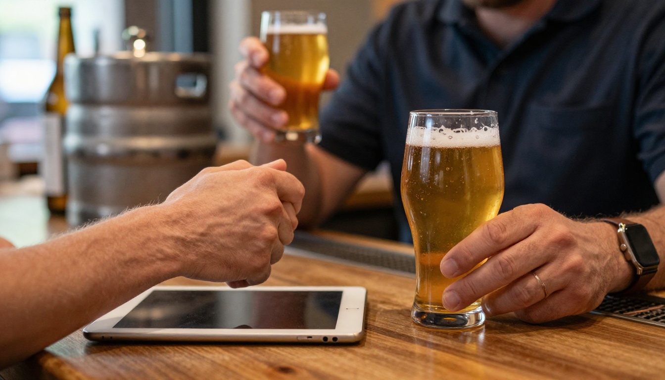 A brewery rep and a bar owner shaking hands over the counter next to a keg and a glass of golden ale A brewery rep and a bar owner shaking hands over the counter next to a keg and a glass of golden ale