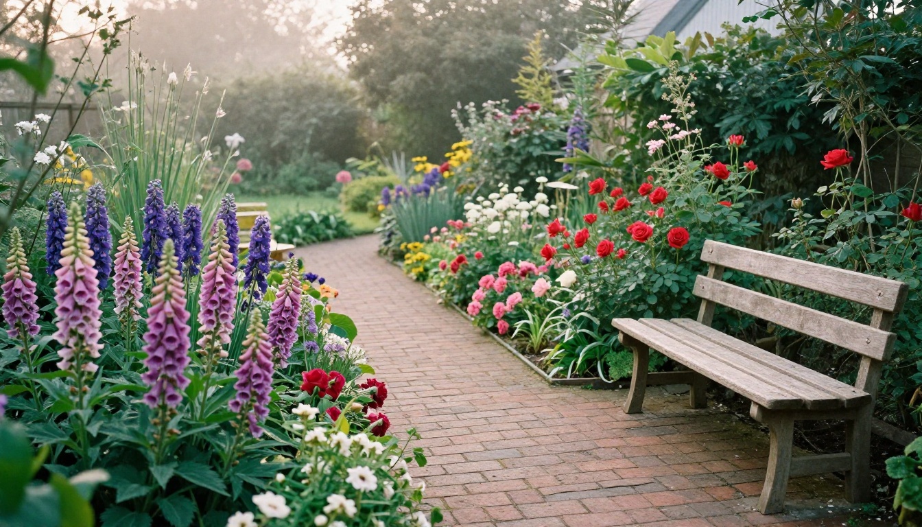 A finished cottage garden in full bloom with a brick path and wooden bench