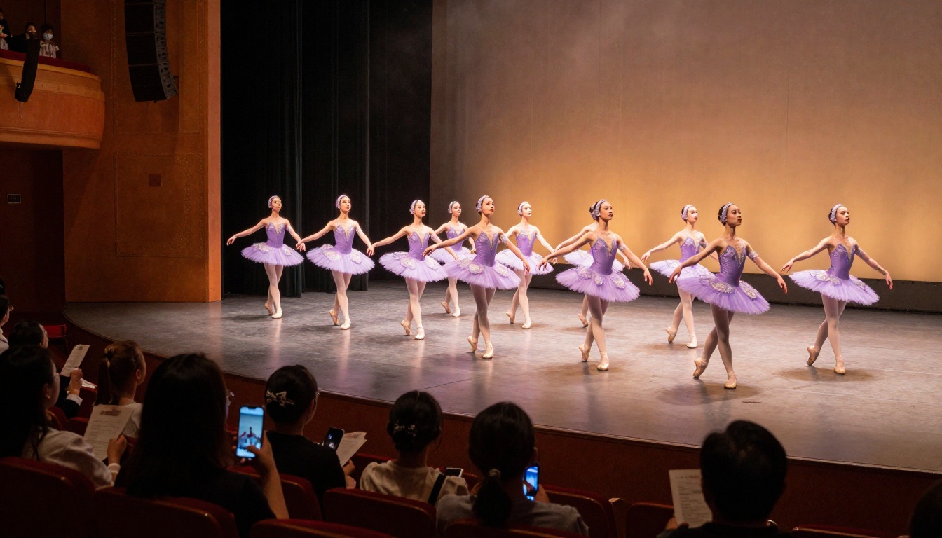 A theater audience of parents watching young ballerinas perform in lavender costumes A theater audience of parents watching young ballerinas perform in lavender costumes