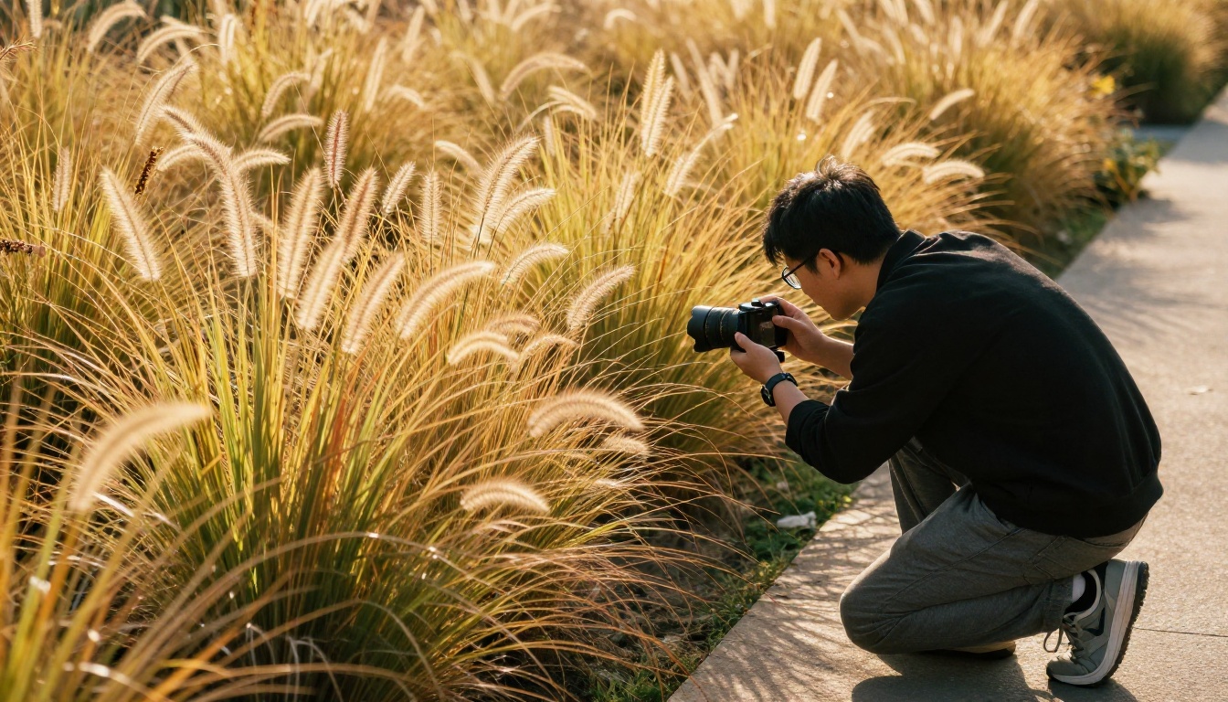 A designer photographing ornamental grasses with a smartphone on a gimbal