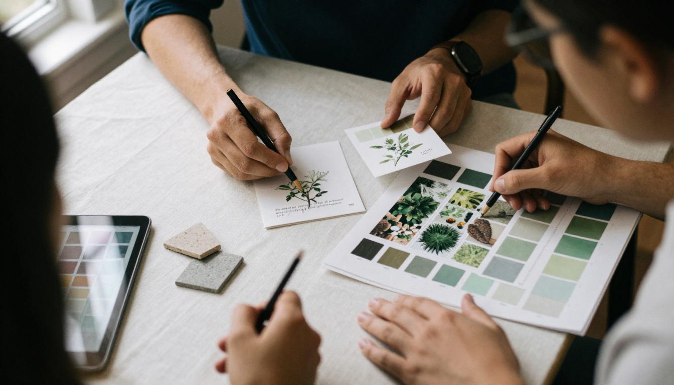 Two designers comparing plant swatch cards and a color palette board at a studio table