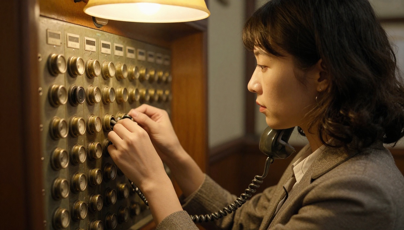 Telephone switchboard operator plugging a cord into a socket, the classic picture of routing connections
