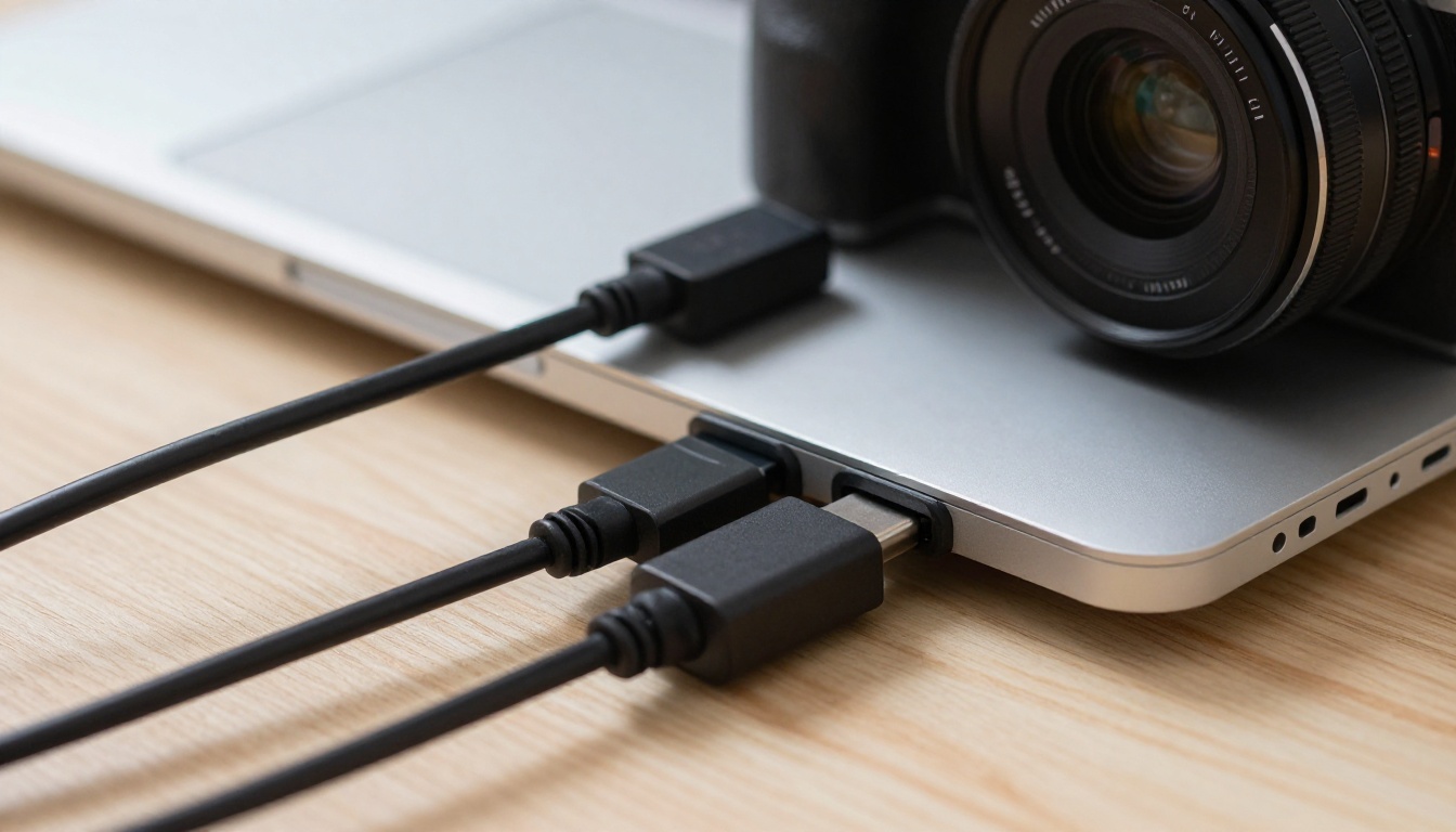 Laptop with a USB-C hub connecting a camera, a hard drive, a monitor and a phone
