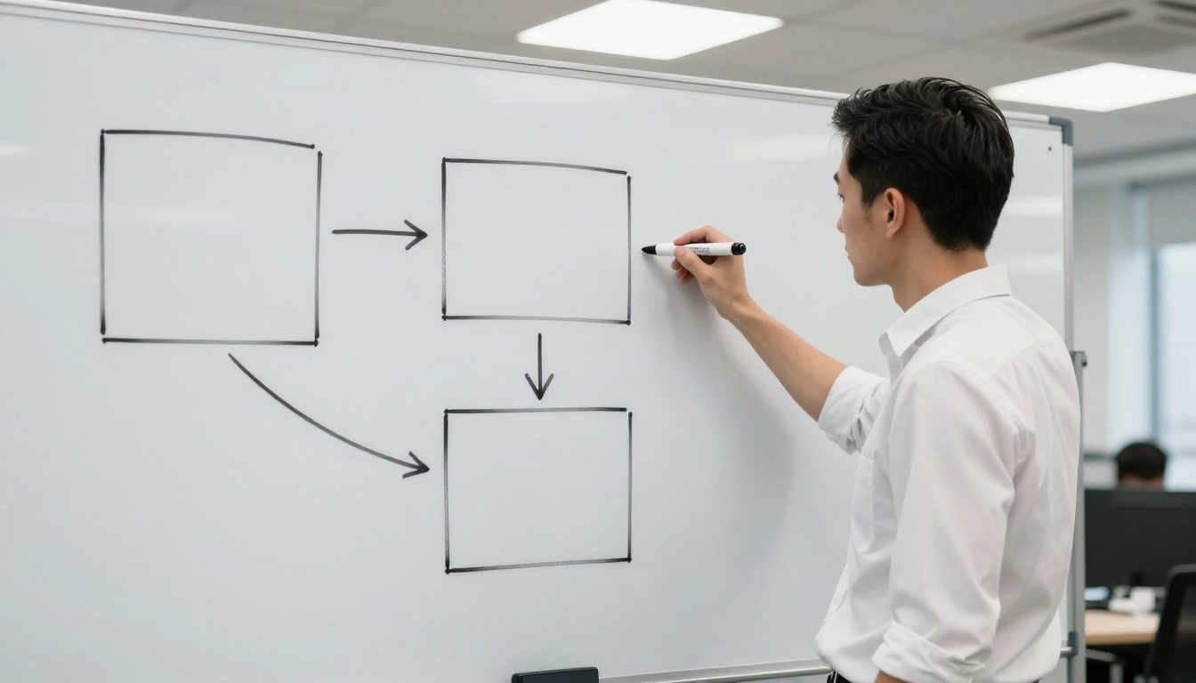 Software architect sketching three connected boxes on a whiteboard to show how components talk