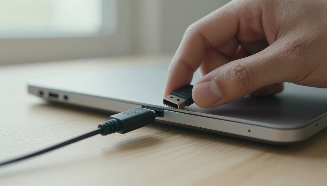 A hand plugging a black USB-C connector into a silver laptop on a pale oak table in soft morning light