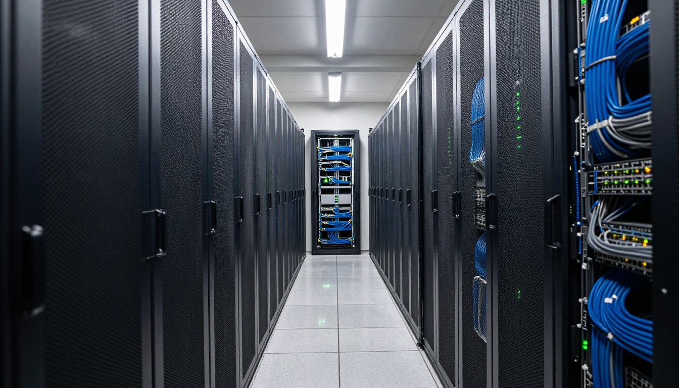 Narrow aisle between tall server racks in a quiet data center