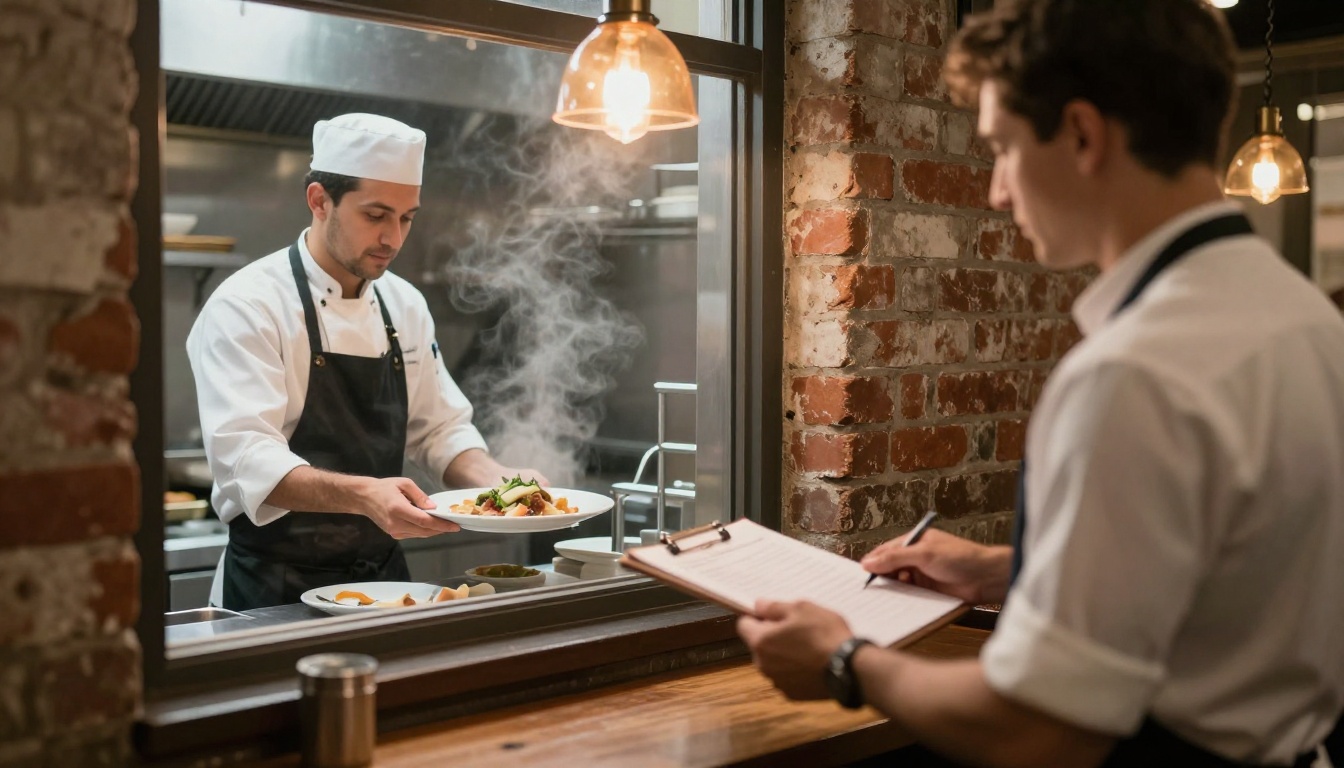A waiter in a white shirt carrying a notepad toward a kitchen pass window where a chef hands over a plated dish