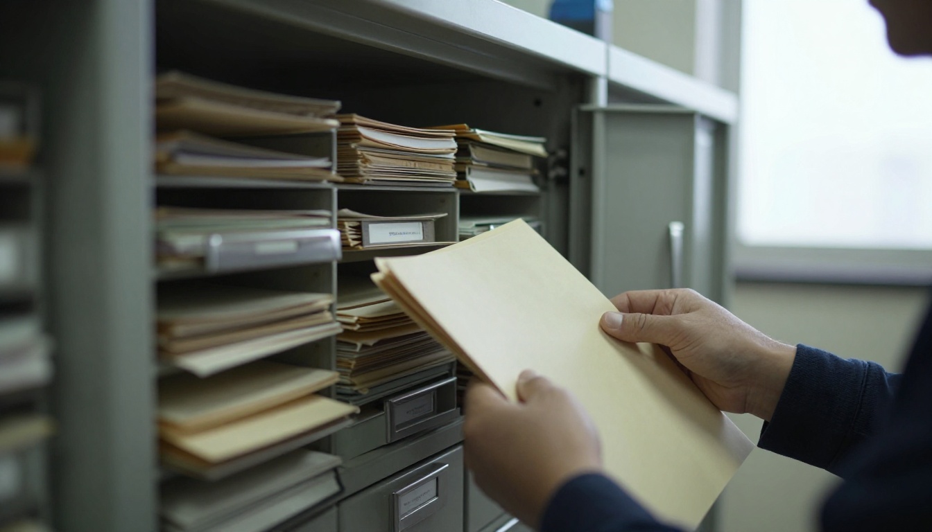 Archivist in cotton gloves pulling a labeled folder from a steel filing cabinet