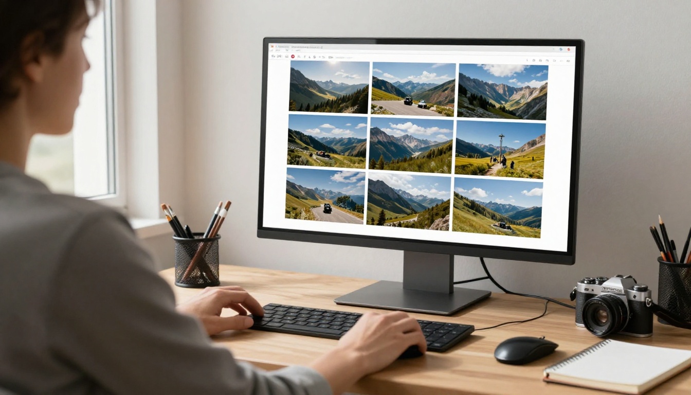 Designer reviewing a grid of generated photographs on a large monitor in a home studio