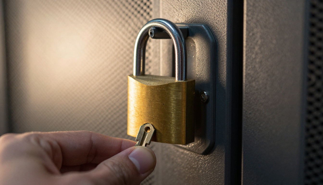 Close-up of a brass padlock locked on a steel server cage door