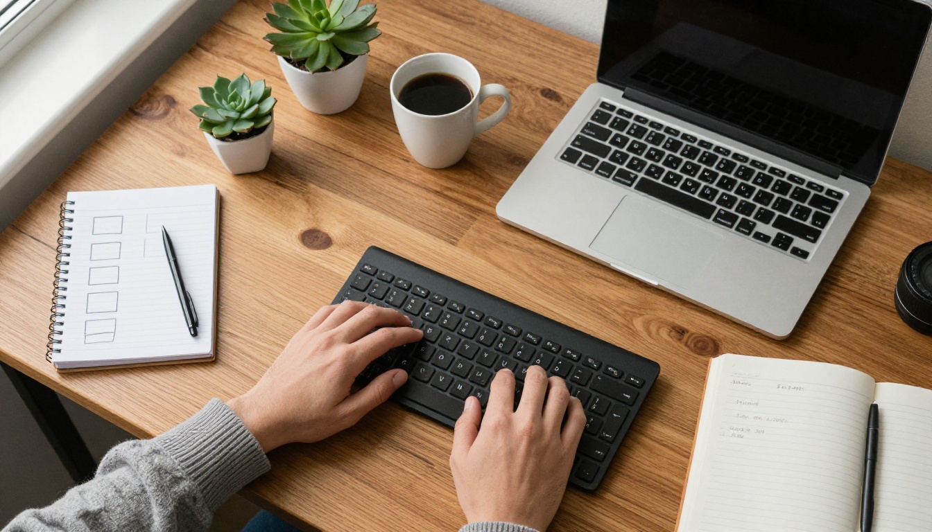 Top-down view of a developer typing at a wooden desk beside a notebook of hand-drawn boxes