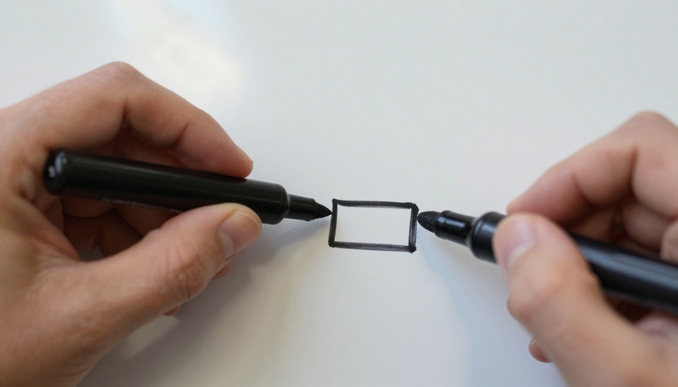 Hand drawing an arrow between two boxes on a glossy whiteboard
