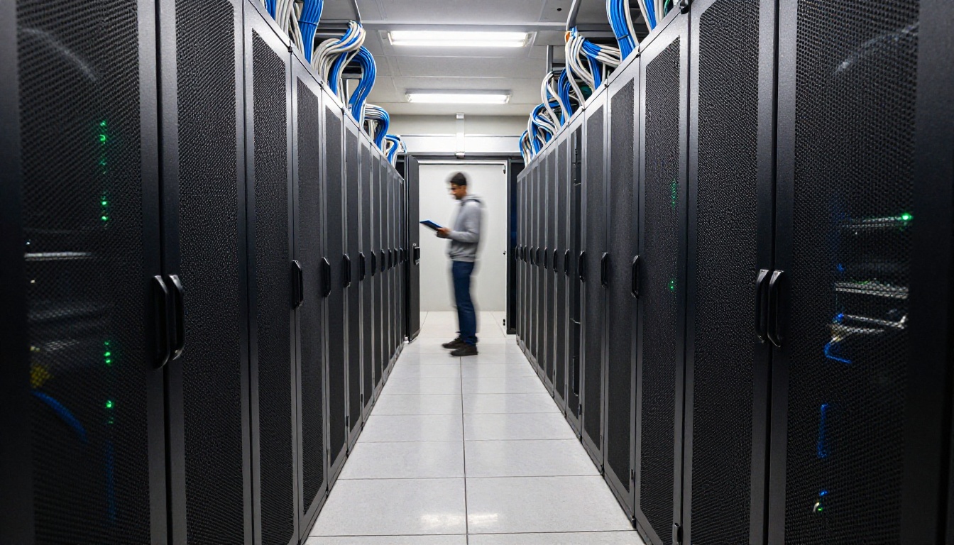 Low-angle view down a data center aisle between black server cabinets