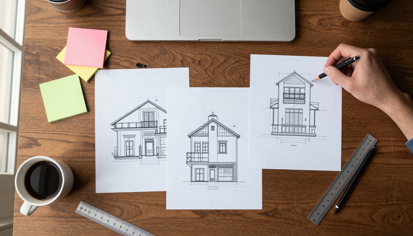 Printed architecture diagrams fanned out on a walnut desk with a laptop and sticky notes