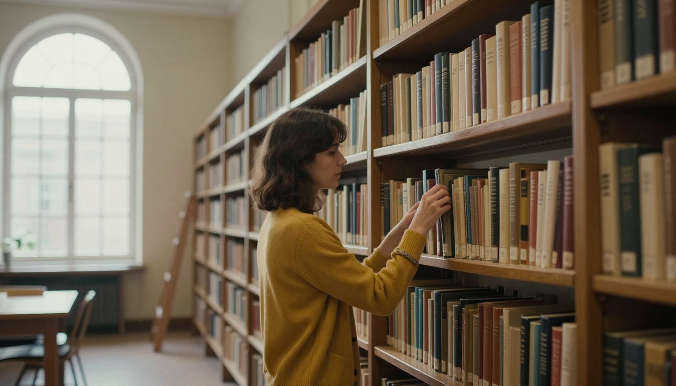 A librarian in a mustard cardigan sliding a thick book from a tall oak shelf in a quiet reading room